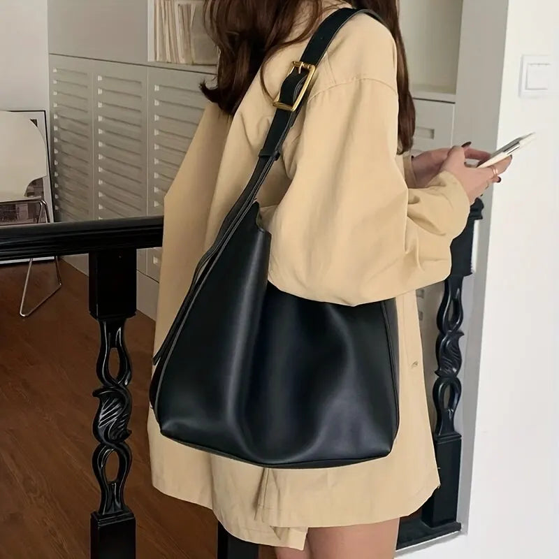 Women’s Shoulder Bag with Wide Strap and Gold Buckle Detail