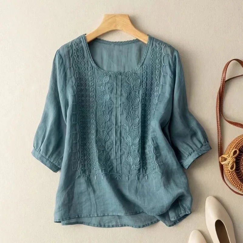 Vintage Embroidered Blouse with 3/4 Sleeves for Women