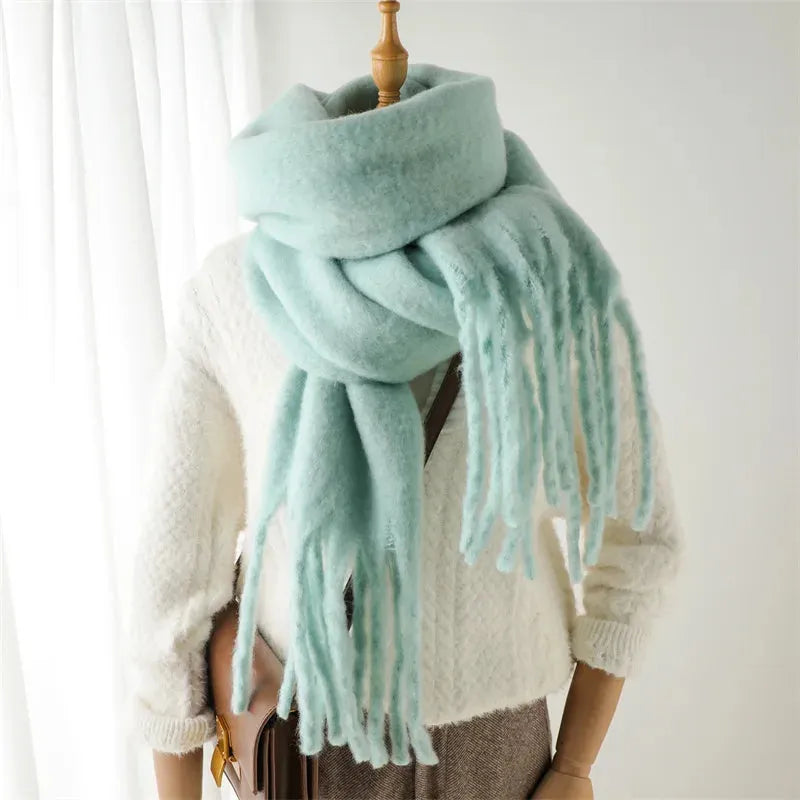 Chunky Knit Scarf with Fringe Trim for Women
