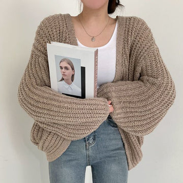 Chunky Knit Cardigan with Balloon Sleeves and Open Front for Women