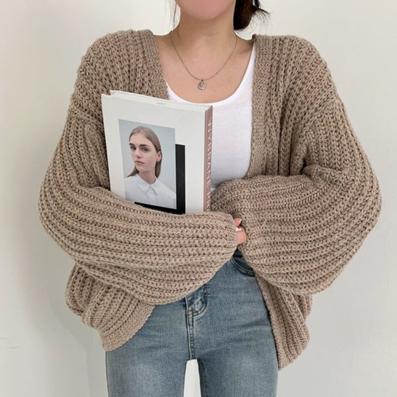 Chunky Knit Cardigan with Balloon Sleeves and Open Front for Women