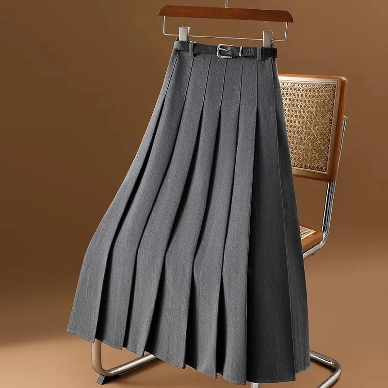 Vintage Pleated Midi Skirt with Belted Waist for Women