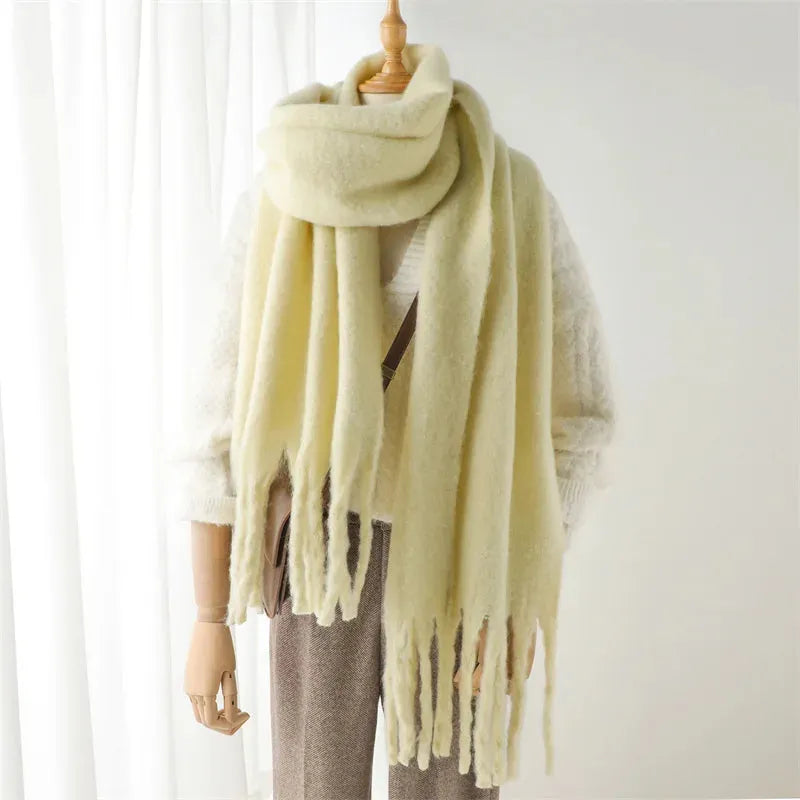 Chunky Knit Scarf with Fringe Trim for Women