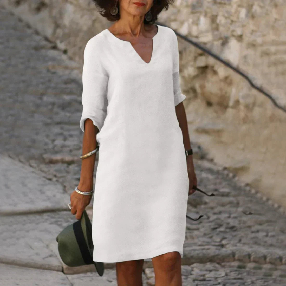 V-Neck Mini Dress for Women with 3/4 Sleeves