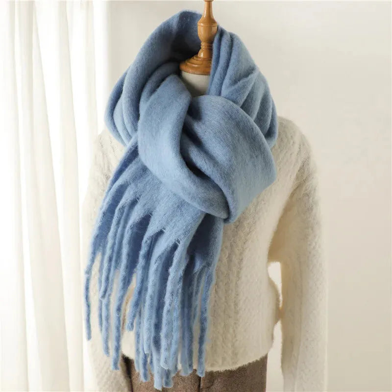 Chunky Knit Scarf with Fringe Trim for Women