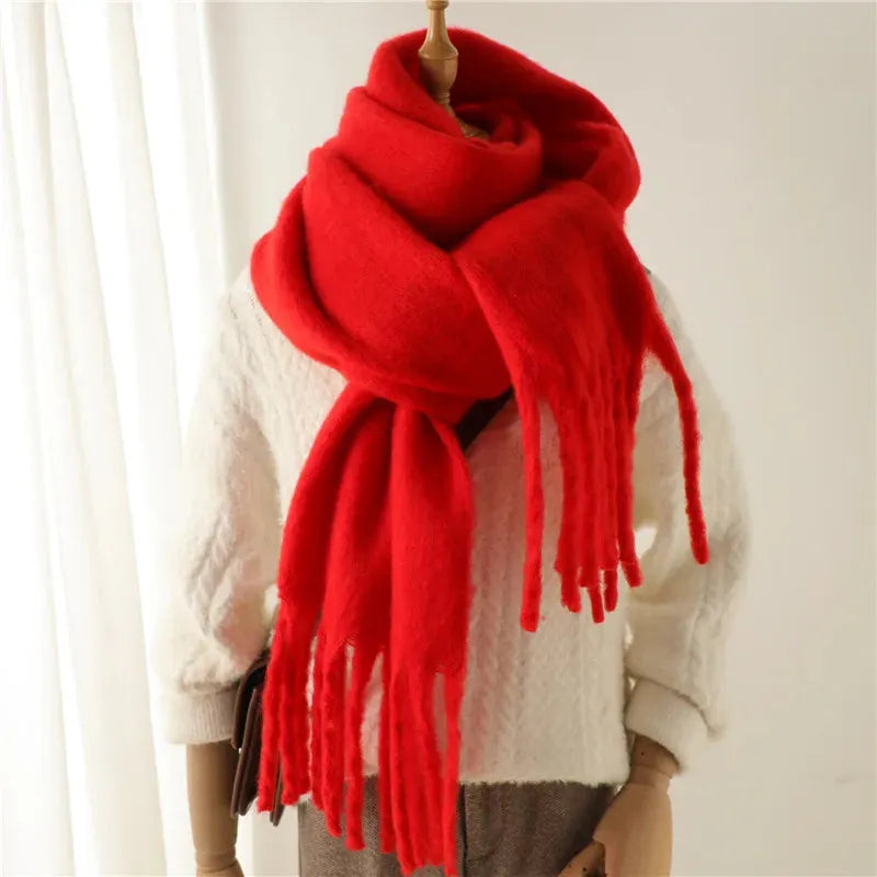 Chunky Knit Scarf with Fringe Trim for Women