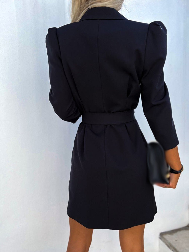 Women’s Double Breasted Blazer Dress with Puff Sleeves and Tailored Fit