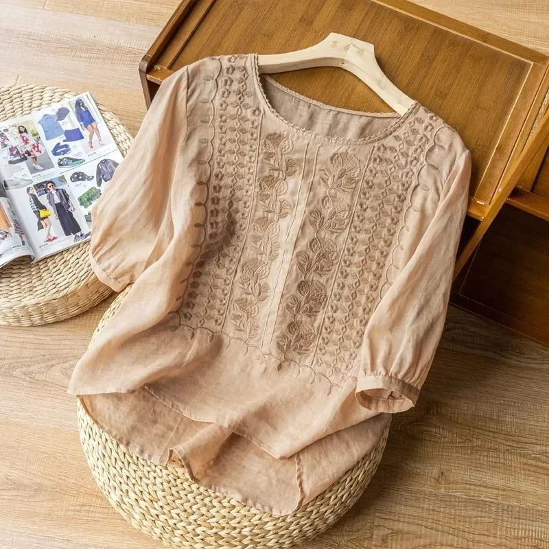 Vintage Embroidered Blouse with 3/4 Sleeves for Women