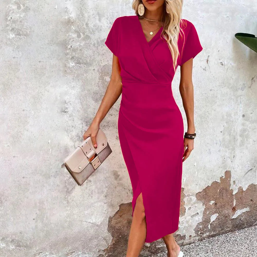 Soft Wrap Summer Midi Dress with V-Neck for Women