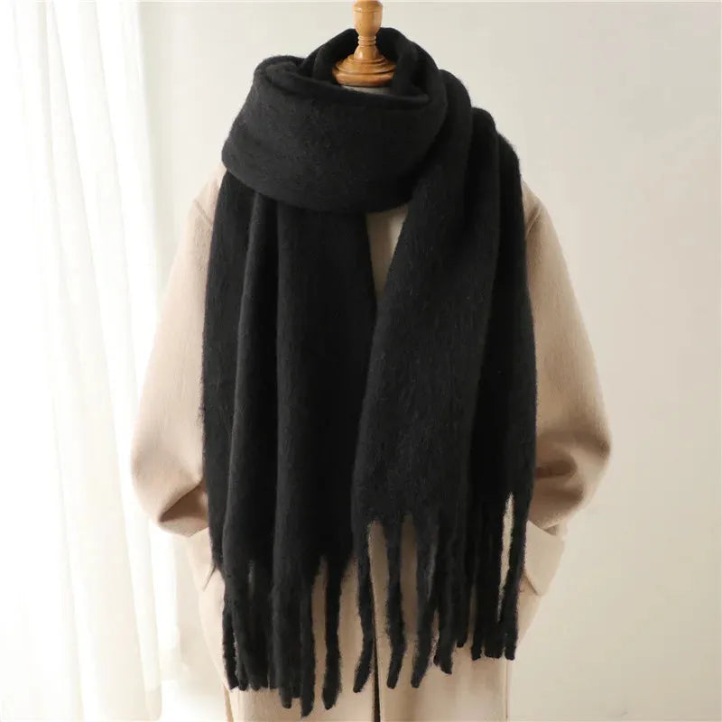 Chunky Knit Scarf with Fringe Trim for Women