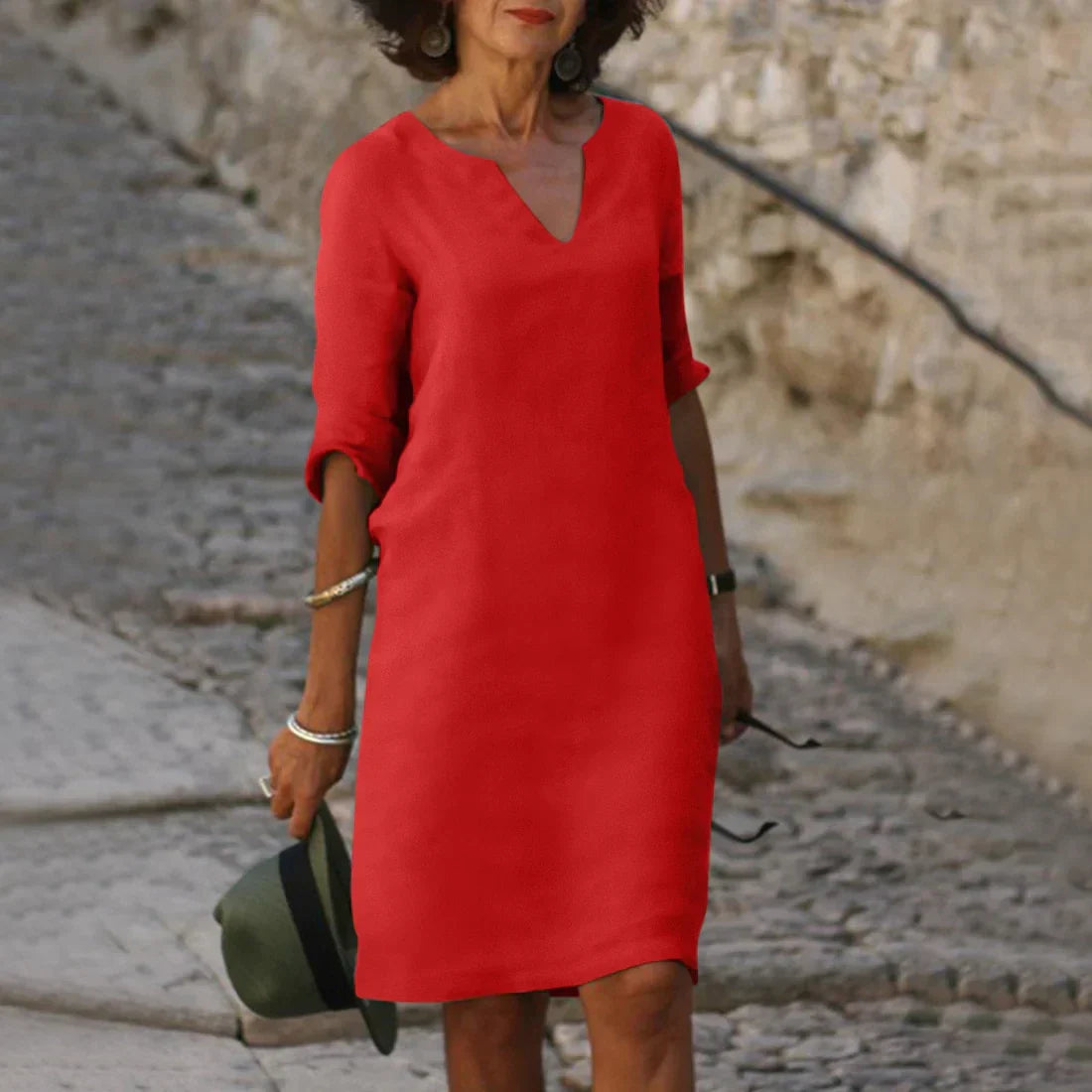 V-Neck Mini Dress for Women with 3/4 Sleeves