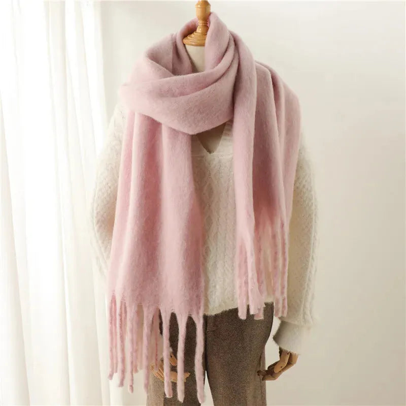 Chunky Knit Scarf with Fringe Trim for Women