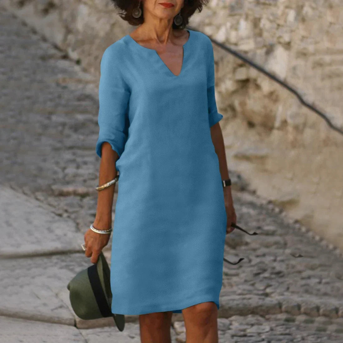 V-Neck Mini Dress for Women with 3/4 Sleeves