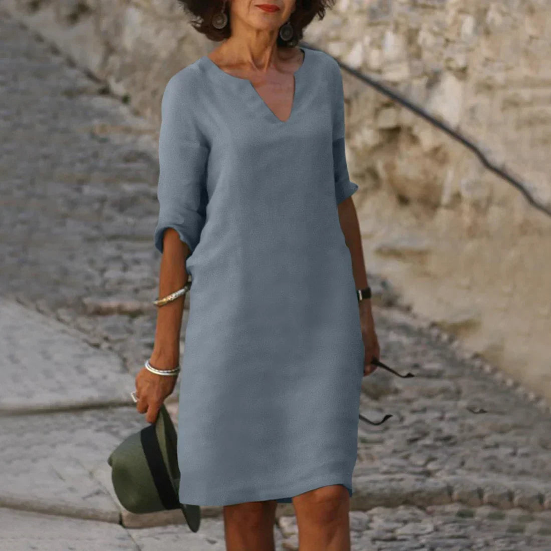 V-Neck Mini Dress for Women with 3/4 Sleeves