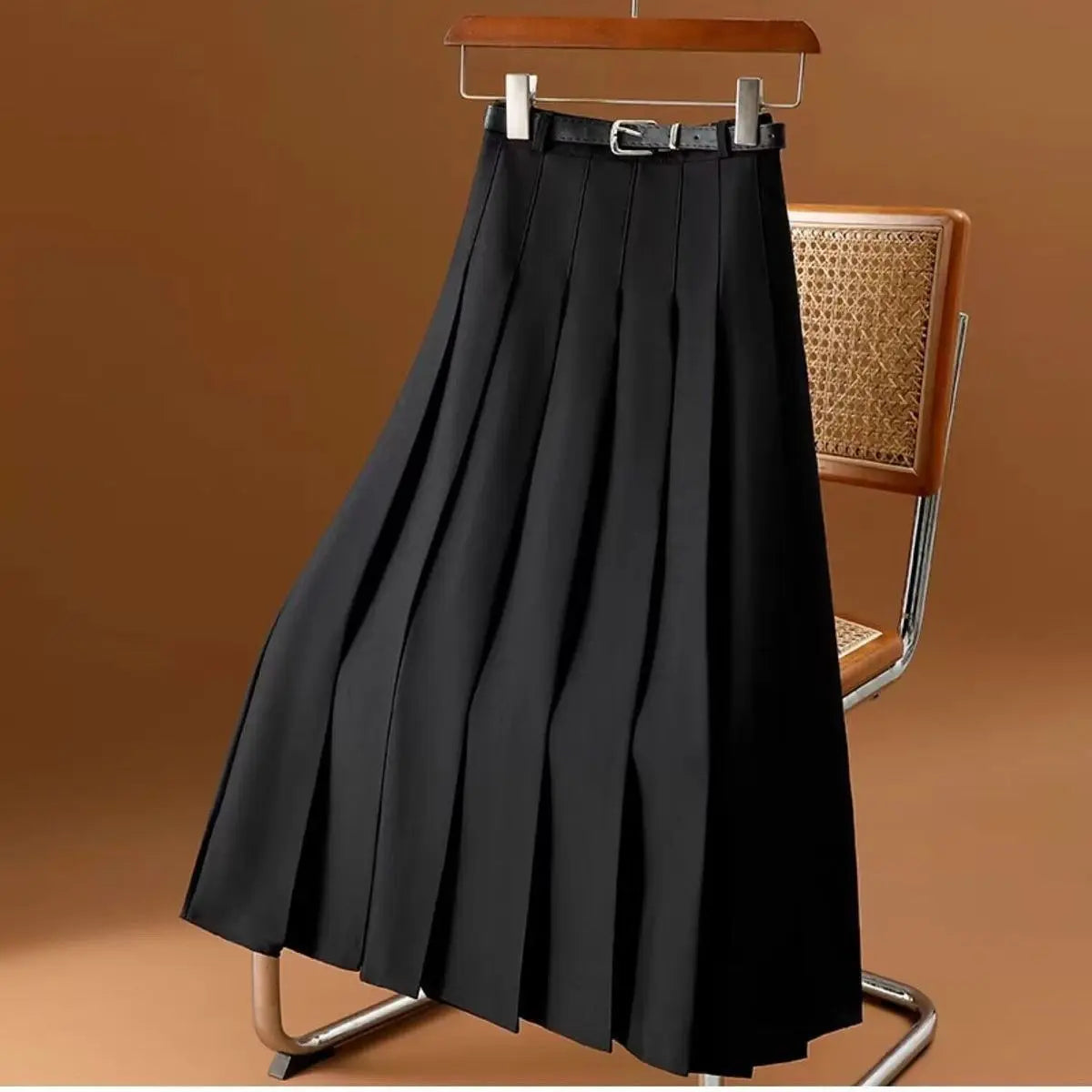 Vintage Pleated Midi Skirt with Belted Waist for Women