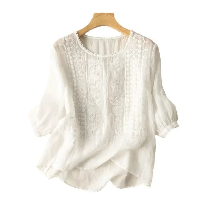 Vintage Embroidered Blouse with 3/4 Sleeves for Women