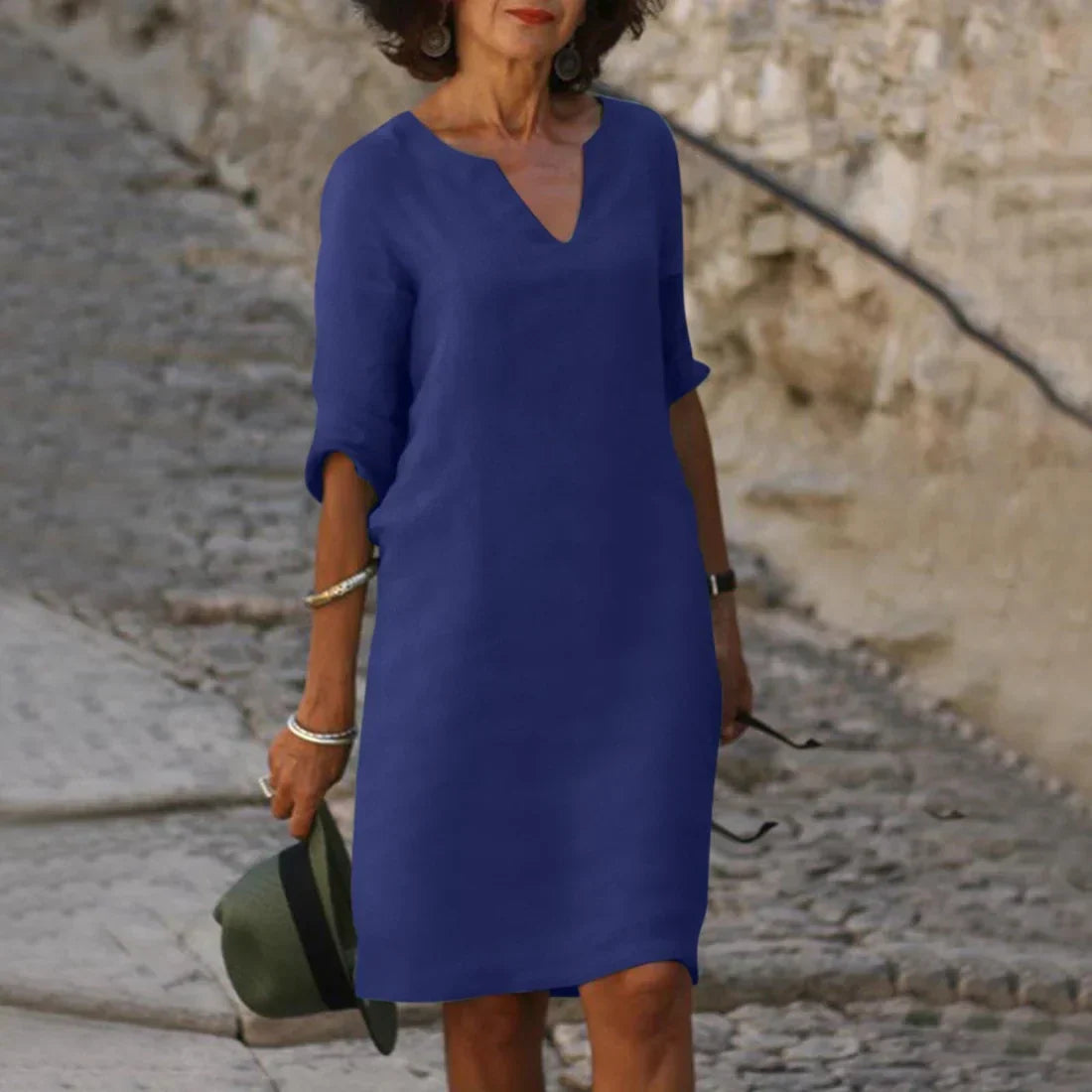 V-Neck Mini Dress for Women with 3/4 Sleeves