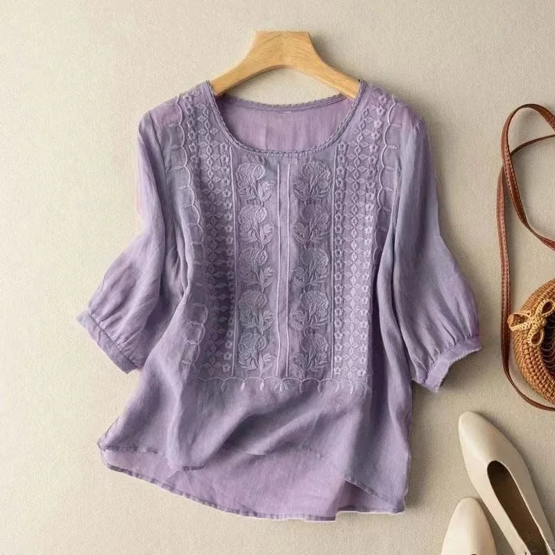 Vintage Embroidered Blouse with 3/4 Sleeves for Women