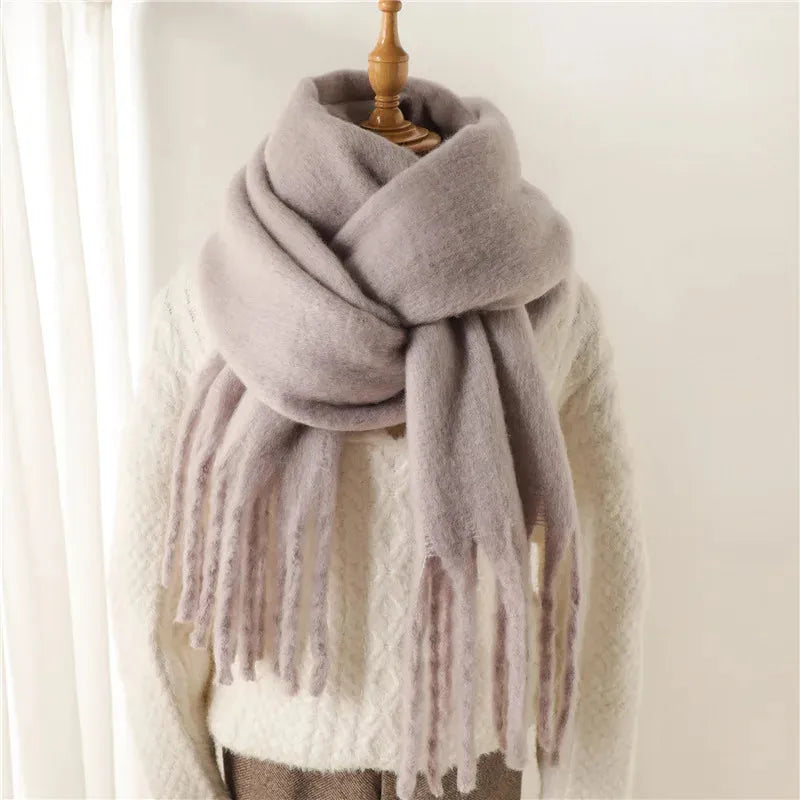 Chunky Knit Scarf with Fringe Trim for Women