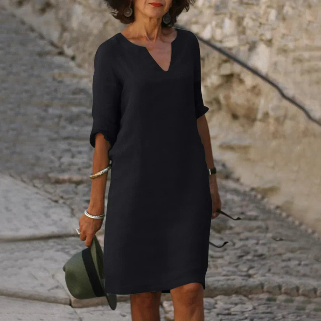 V-Neck Mini Dress for Women with 3/4 Sleeves