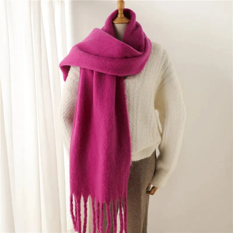 Chunky Knit Scarf with Fringe Trim for Women