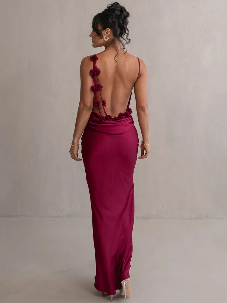 Women’s Satin Evening Prom Gown with Backless Floral Appliqué