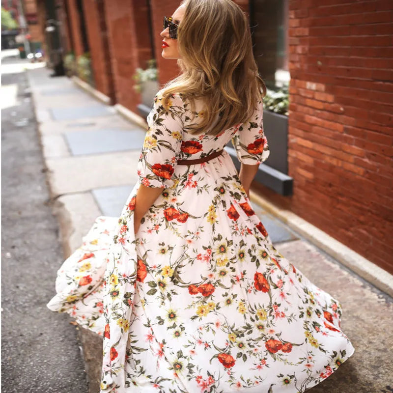 Belted Maxi Dress with 3/4 Sleeves for Women