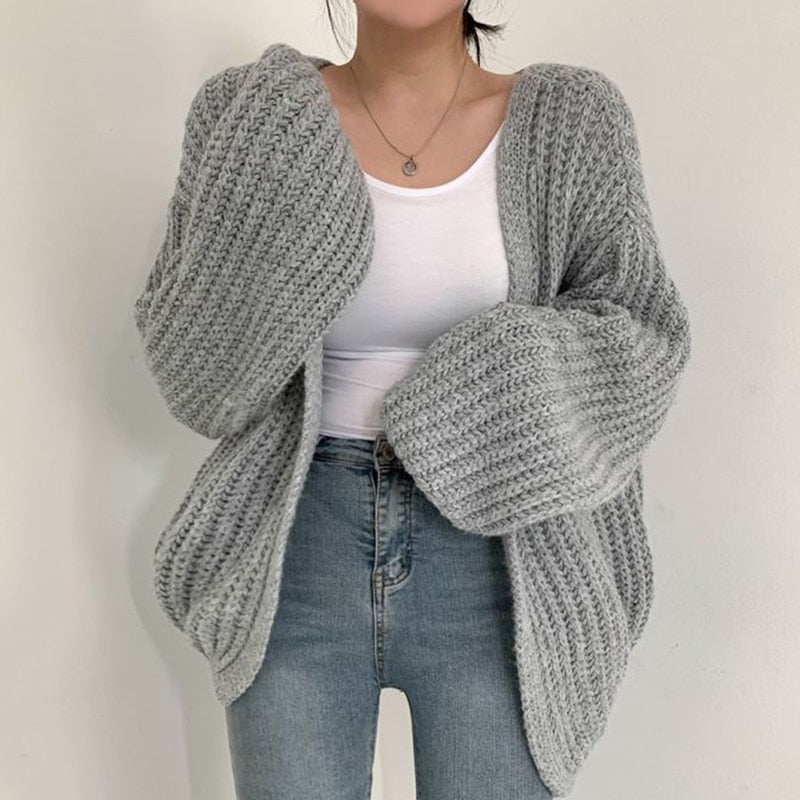 Chunky Knit Cardigan with Balloon Sleeves and Open Front for Women