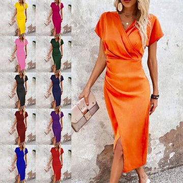 Soft Wrap Summer Midi Dress with V-Neck for Women