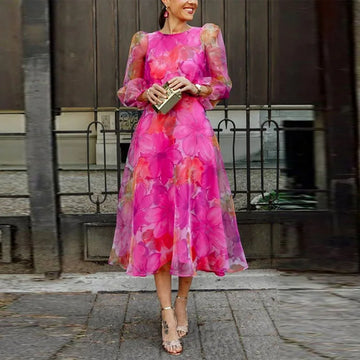 Pink Blue Floral Print Midi Dress for Women