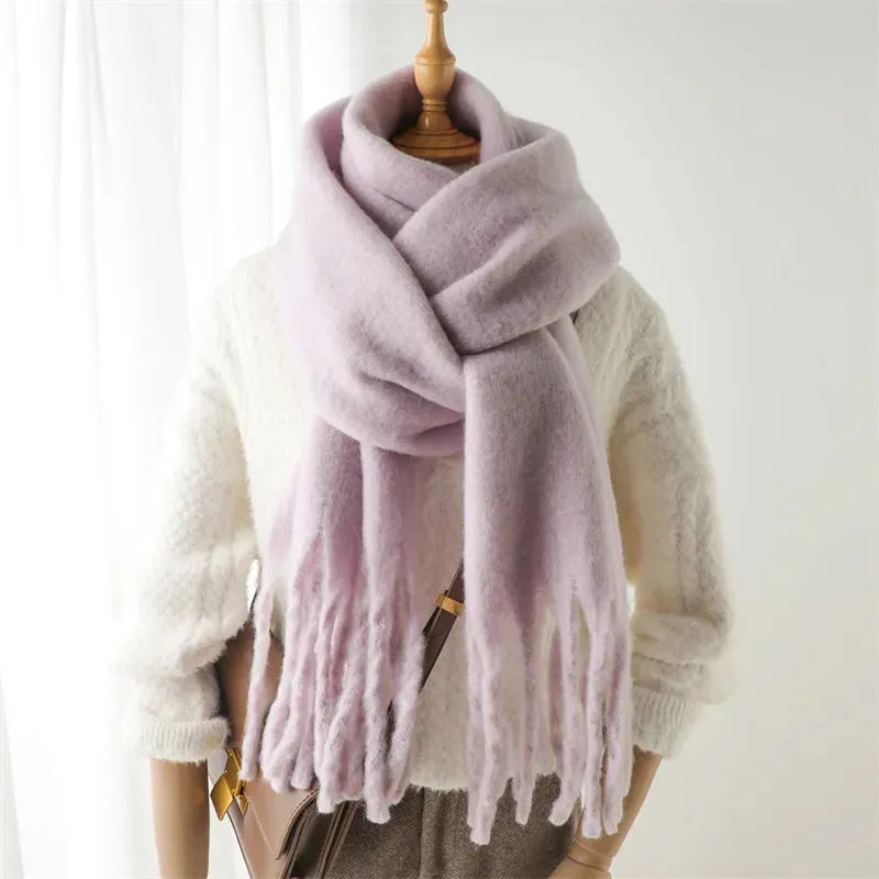 Chunky Knit Scarf with Fringe Trim for Women