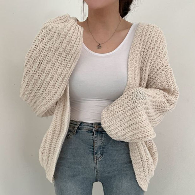 Chunky Knit Cardigan with Balloon Sleeves and Open Front for Women