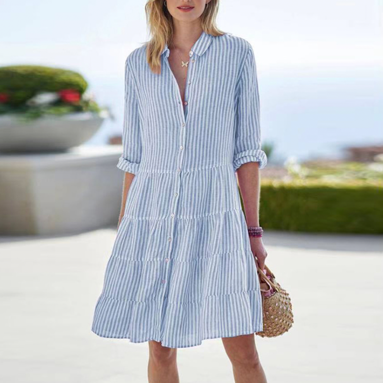 Breathable Striped Dress for Women – 3/4 Sleeve & Mini