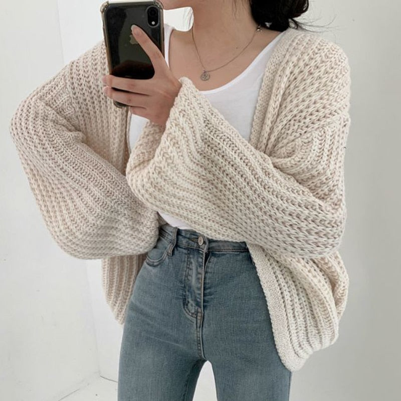 Chunky Knit Cardigan with Balloon Sleeves and Open Front for Women