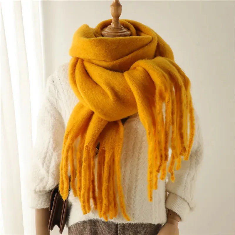 Chunky Knit Scarf with Fringe Trim for Women