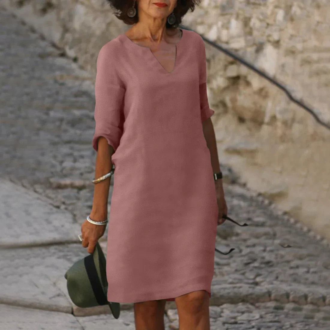 V-Neck Mini Dress for Women with 3/4 Sleeves
