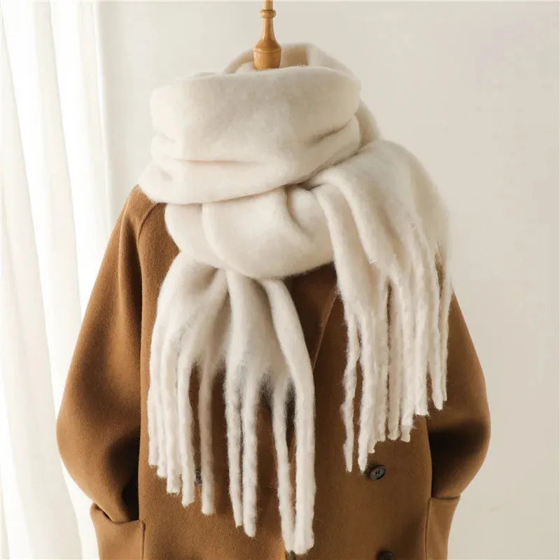 Chunky Knit Scarf with Fringe Trim for Women