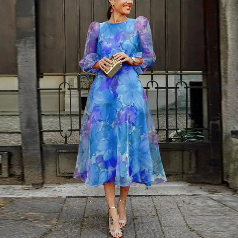 Pink Blue Floral Print Midi Dress for Women