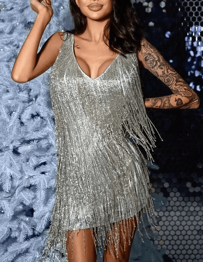 Sequin V-Neck Party Dress | Tassel