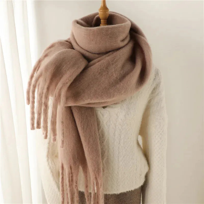 Chunky Knit Scarf with Fringe Trim for Women