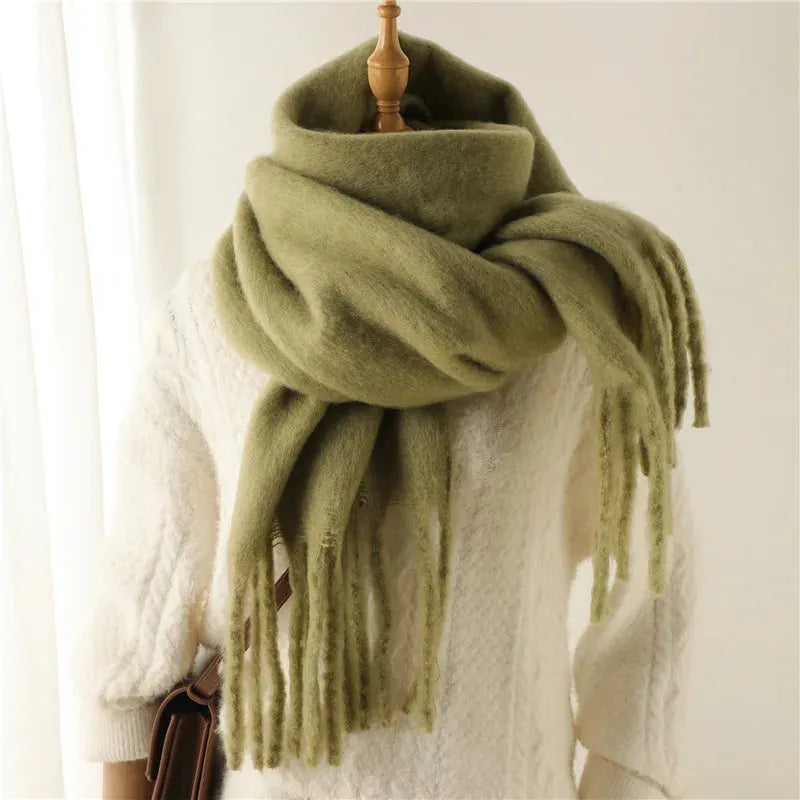 Chunky Knit Scarf with Fringe Trim for Women