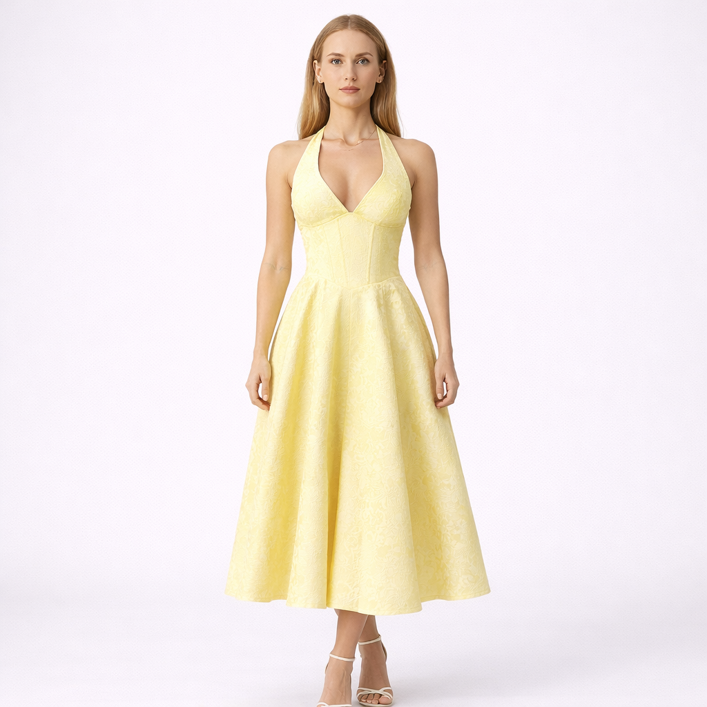 Abito Midi Giallo con Scollo Halter