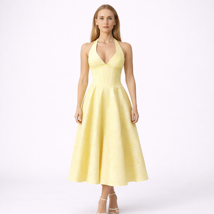 Abito Midi Giallo con Scollo Halter