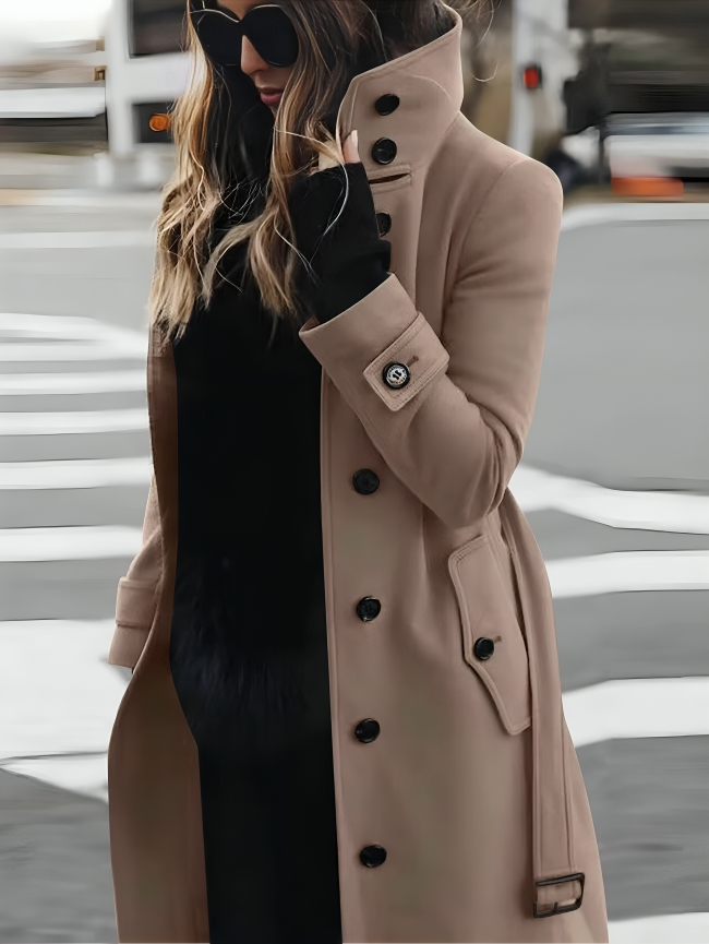 Women’s Long Coat with High Collar and Tie Belt