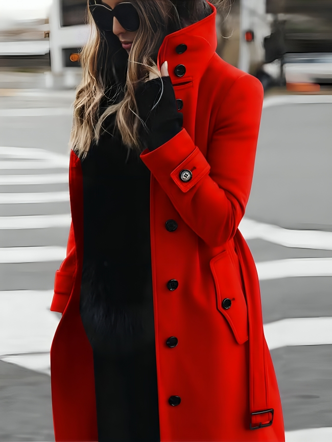 Women’s Long Coat with High Collar and Tie Belt