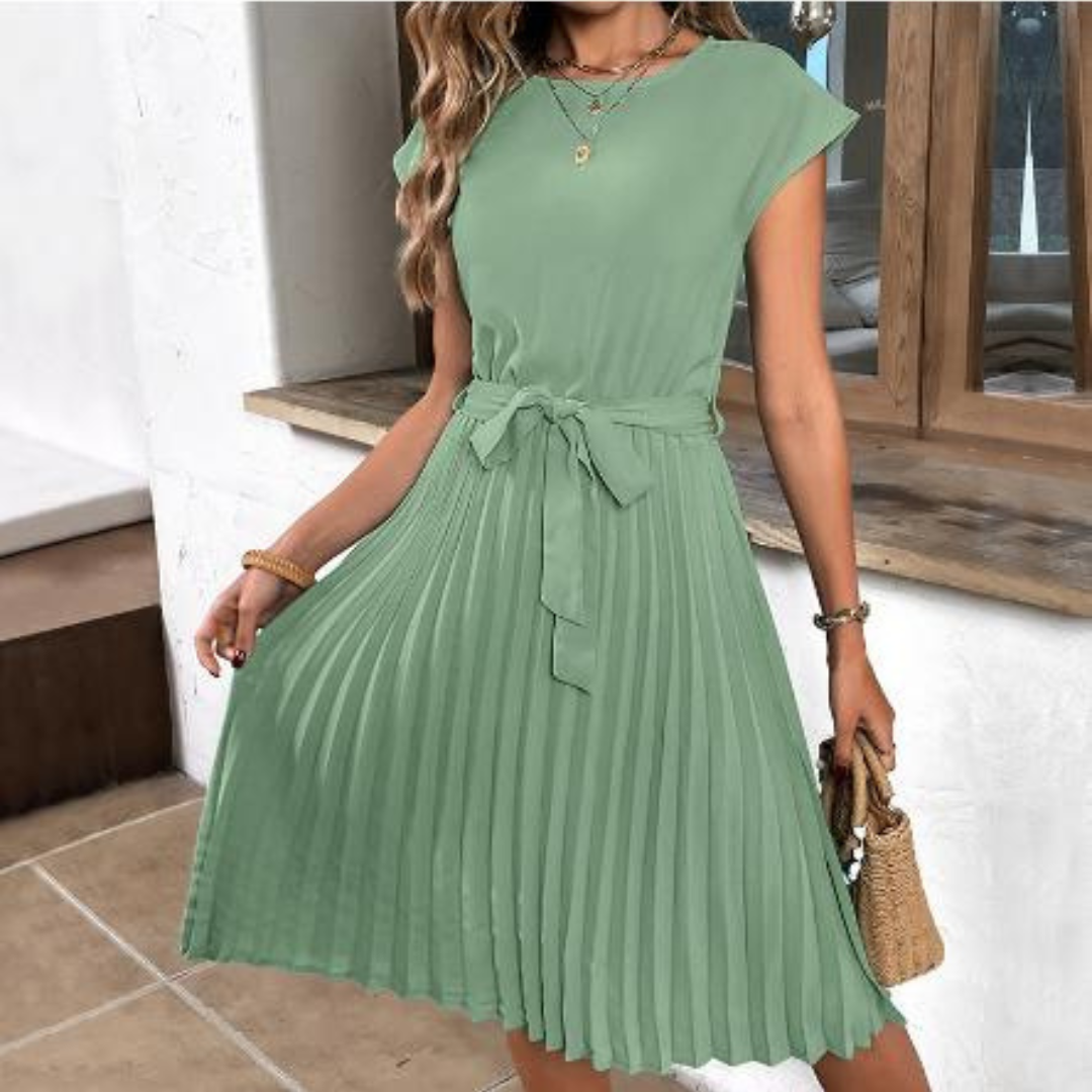 Short Sleeve Pleated Midi Dress for Women