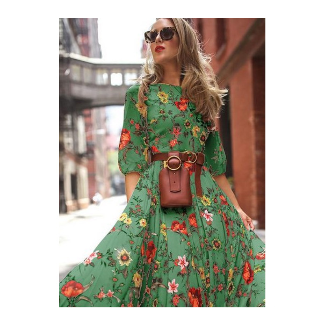 Belted Maxi Dress with 3/4 Sleeves for Women