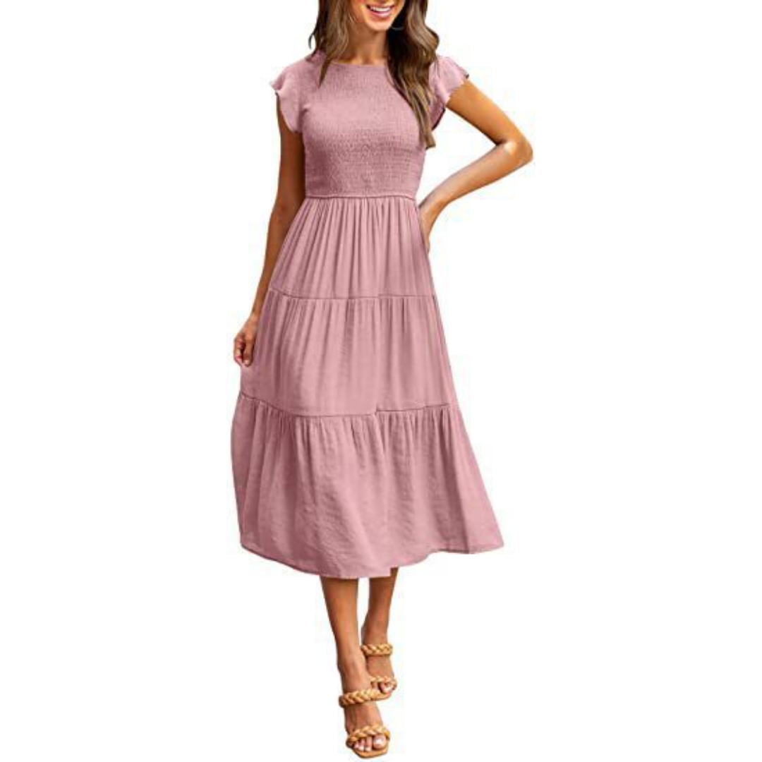 Vintage Midi Summer Dress with Round Neck for Women