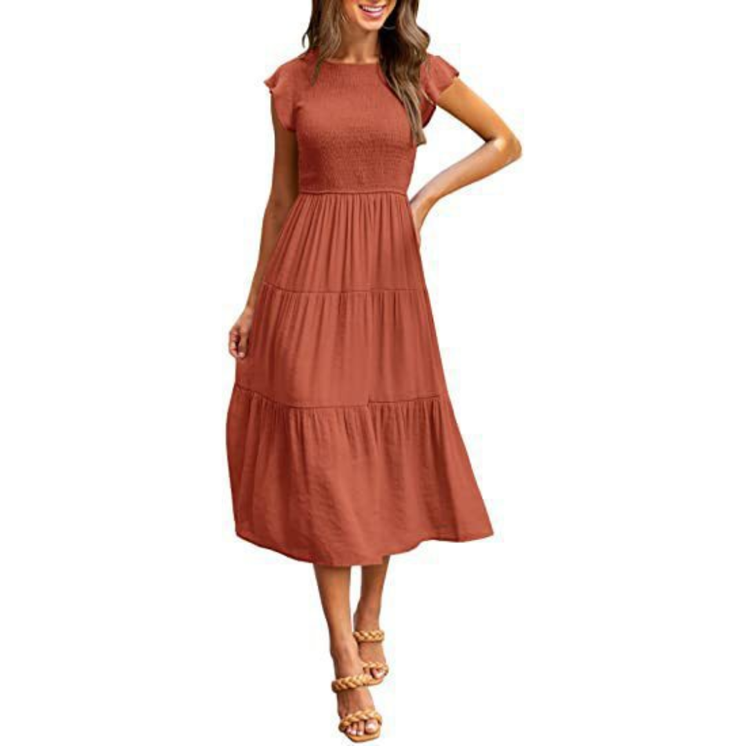 Vintage Midi Summer Dress with Round Neck for Women