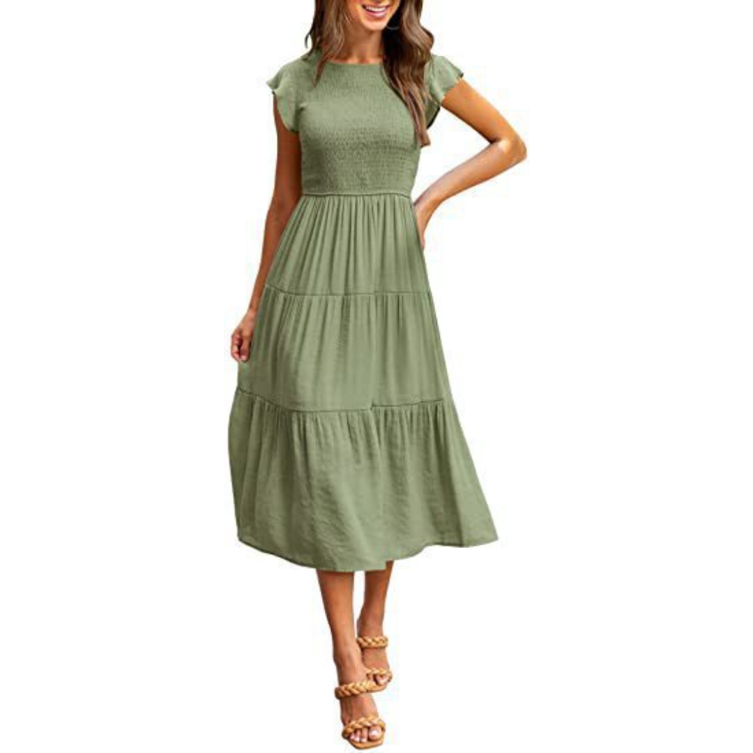Vintage Midi Summer Dress with Round Neck for Women